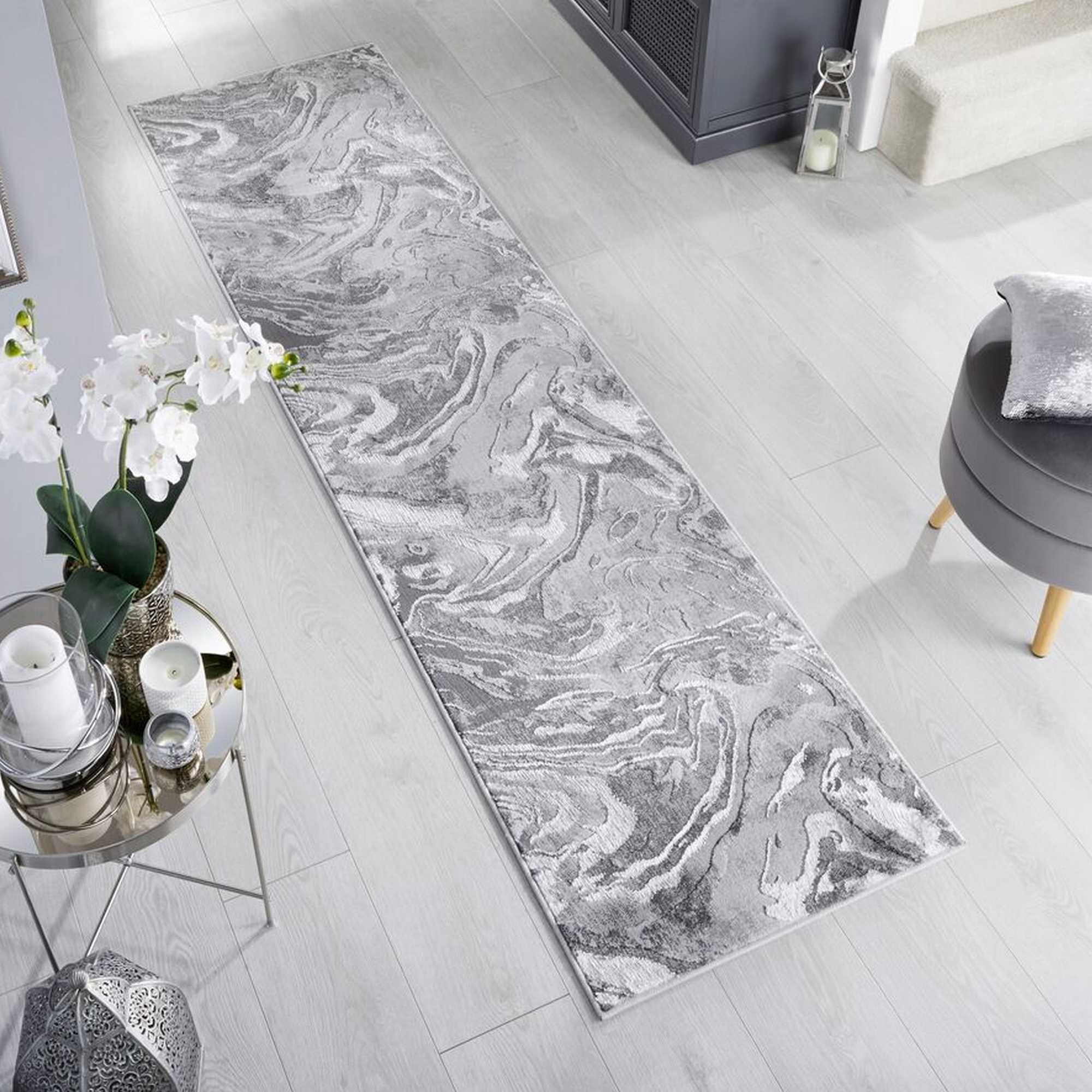 Eris Marbled Modern Abstract Hallway Runner Rugs In Silver Grey